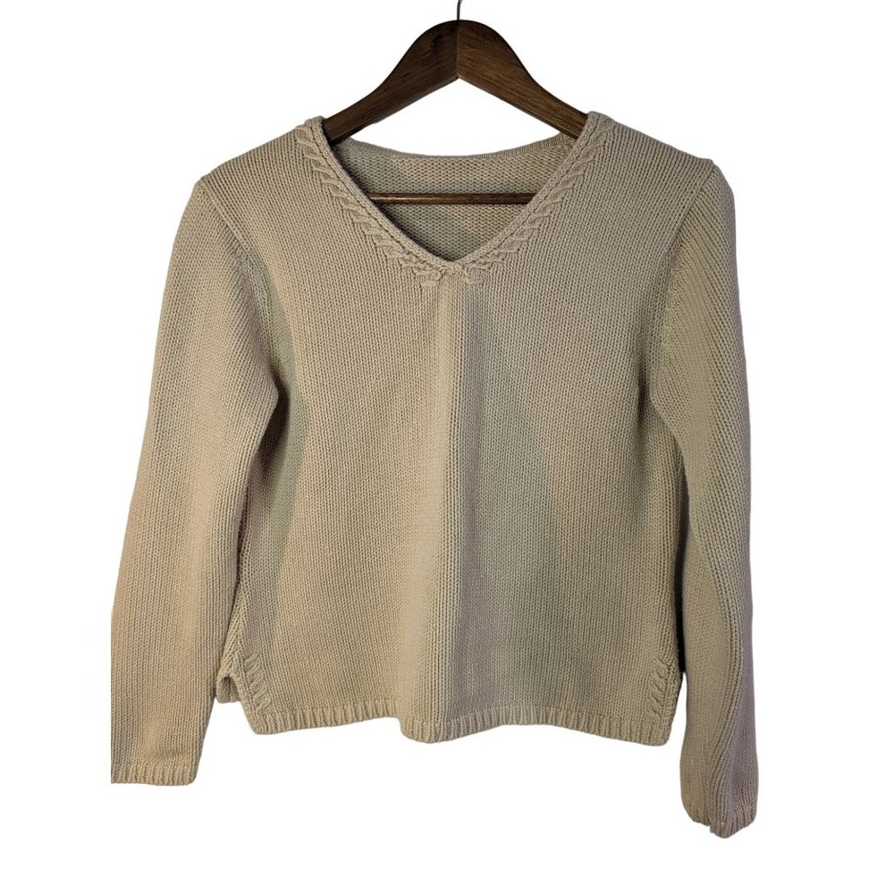 Handknit Women's Cotton Beige V-Neck Cable-Knit Detailing Sweater sz S